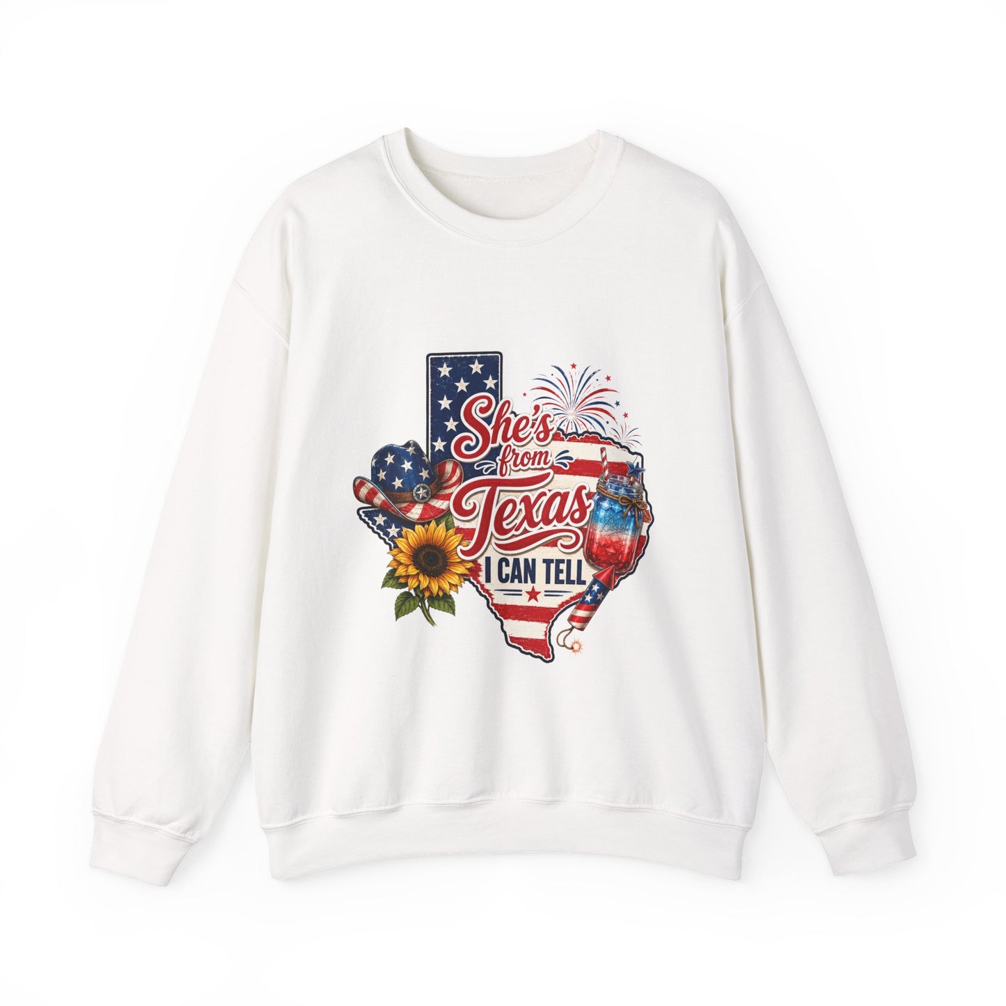 Texas Pride Crewneck Sweatshirt – "She's From Texas I Can Tell" Patriotic Design