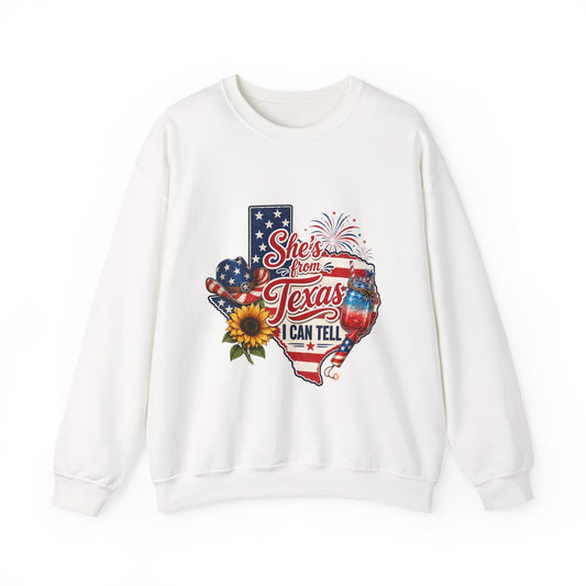 Texas Pride Crewneck Sweatshirt – "She's From Texas I Can Tell" Patriotic Design