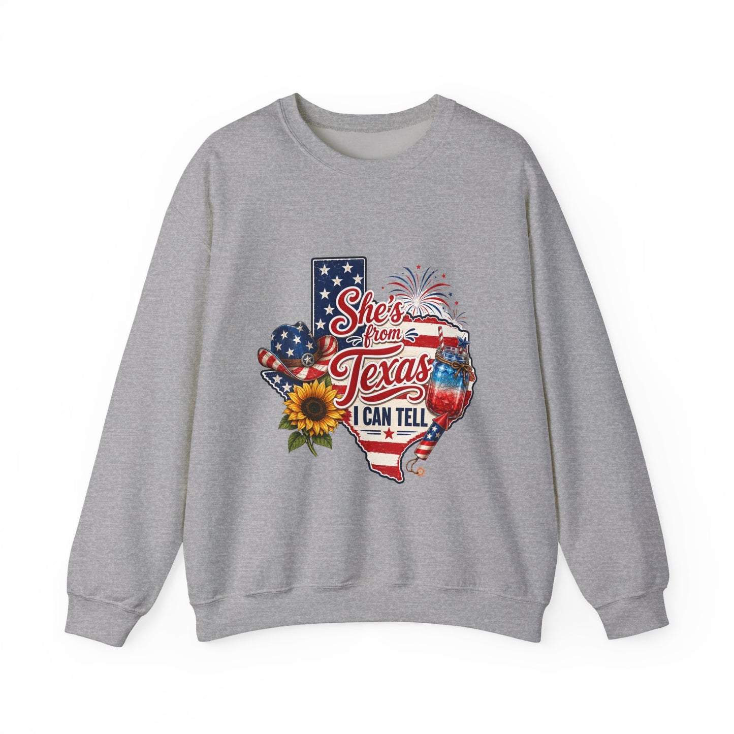 Texas Pride Crewneck Sweatshirt – "She's From Texas I Can Tell" Patriotic Design