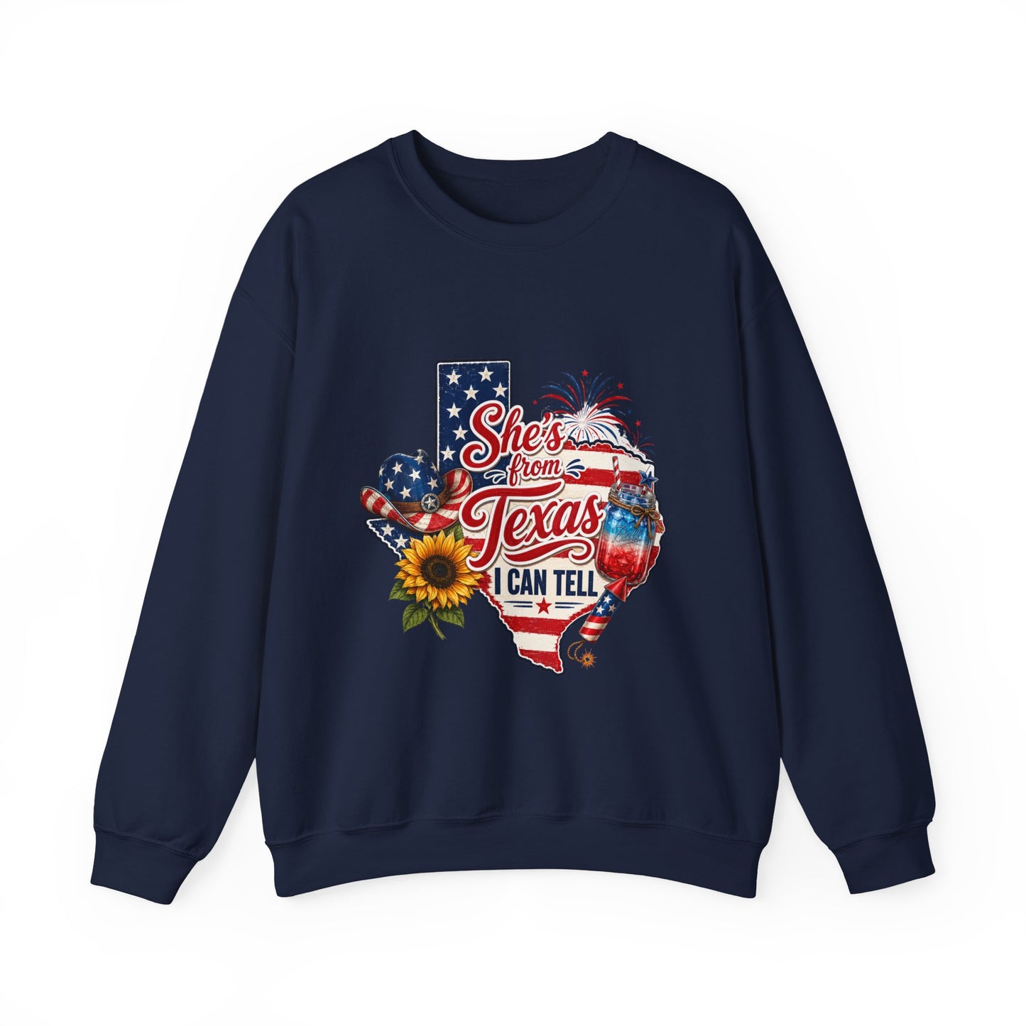Texas Pride Crewneck Sweatshirt – "She's From Texas I Can Tell" Patriotic Design